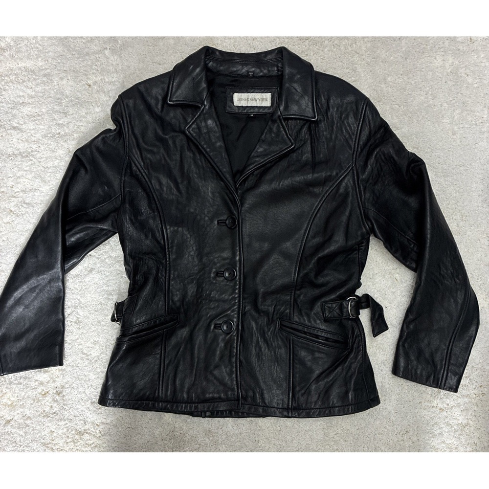 Jones New York Leather Jacket Womens M Button Close Black Long Sleeve
